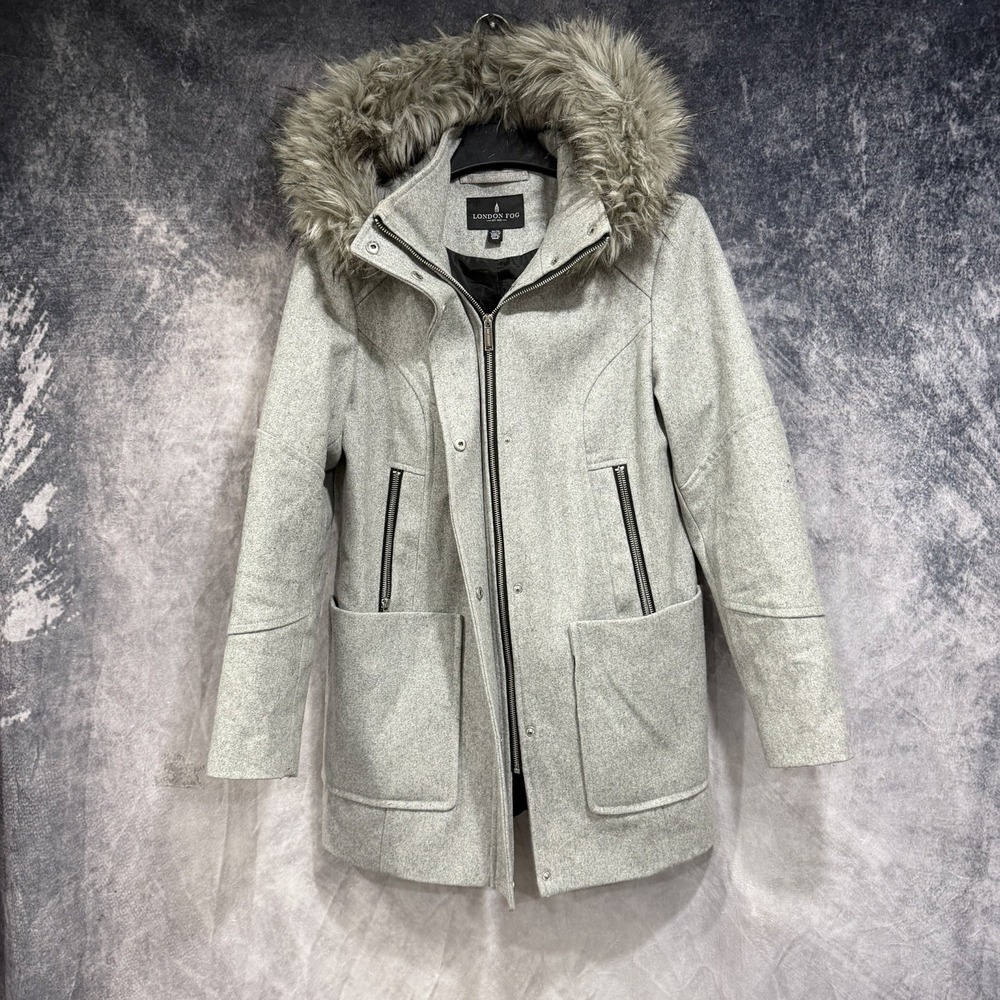 London Fog Wool Blend Detachable Faux Fur Hood Coat Gray M Vertical Pockets